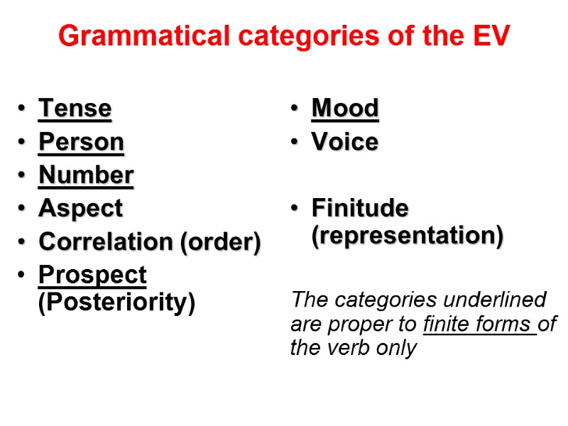 Grammatical categories of the EV Tense Person Number Aspect Correlation (order) Prospect (Posteriority) 